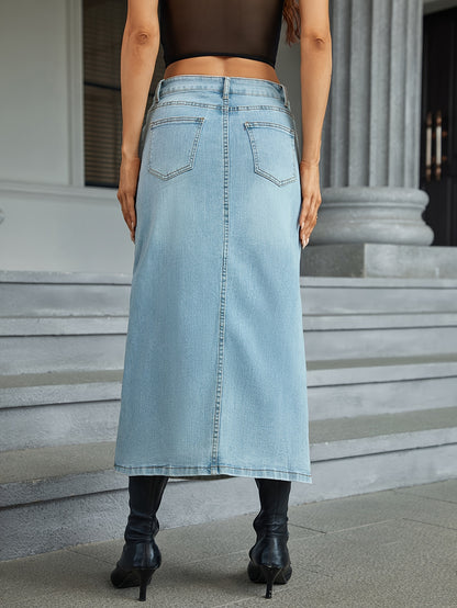 High Waist Split Denim Midi Skirt, Slant Pockets Versatile Denim Skirt, Women's Denim Clothing