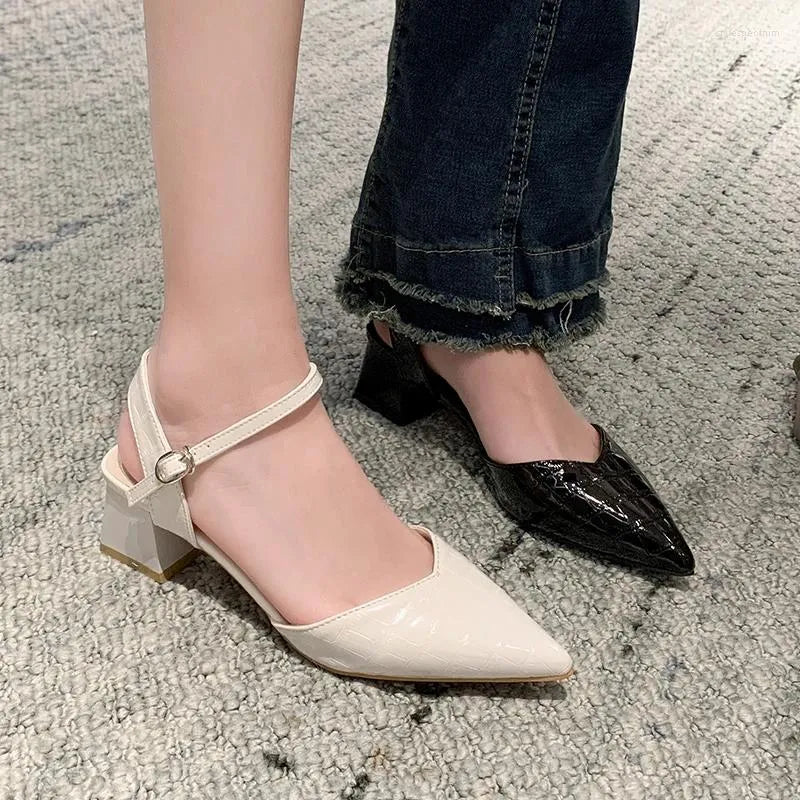 Dress Shoes Comfort For Women Female Sandal Block Heels Buckle Strap  Summer Girls Fashion Chunky Closed Beige Clear Low Point