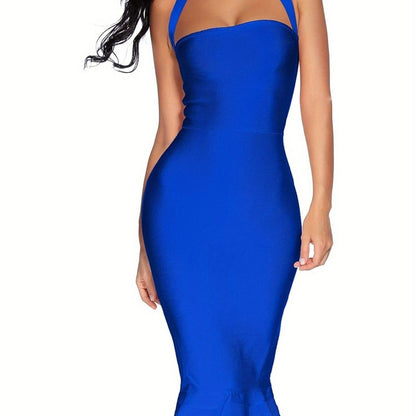 Alluring Solid Halter Neck Bodycon Dress - Fashionable Zipper Backless, Dramatic Mermaid Hem for Parties & Banquets - Womens Evening Wear