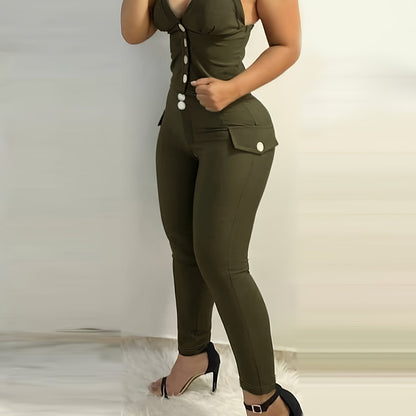 Sexy Two-Piece Slim Fit Pants Set - Spaghetti Strap Backless Cami Top & Flap Detail Bodycon Pants with Mid Elasticity, Machine Washable Polyester Fabric - Elegant Solid Color Outfit for Spring/Summer