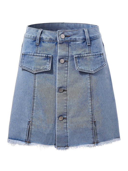 Plain Washed Blue Split Back Raw Hem Single-breasted A-line Casual Style Denim Skirt, Women's Denim Jeans & Clothing