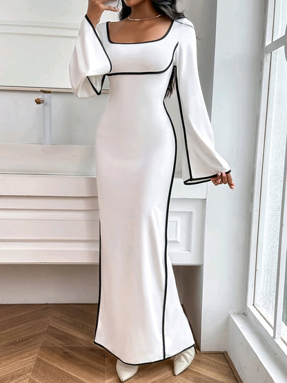 Stunning Elegant Square Neck Long Sleeve Dress - Women's Clothing, Contrast Trim Split Hem Dress with Flattering Fit, Chic Design, and Comfortable Wear - Perfect for Formal Occasions and Everyday Wear