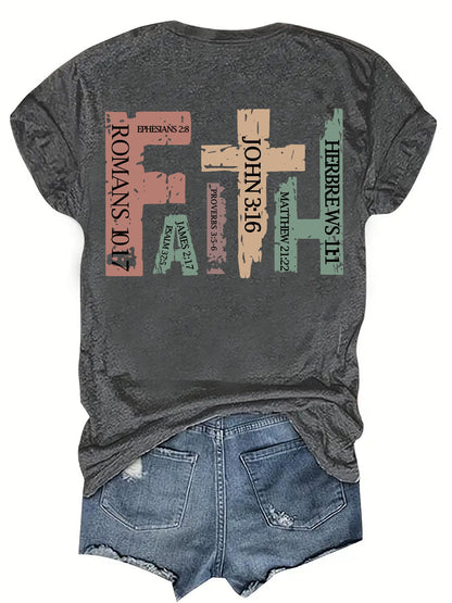 Vibrant Cross Faith Print T-shirt - Comfortable Short Sleeves for Warm Weather, Classic Crew Neck Design for a Timeless Look, Relaxed Fit Casual Top for Everyday Wear - Perfect for Warm Seasonal Occasions, Designed Exclusively for Women