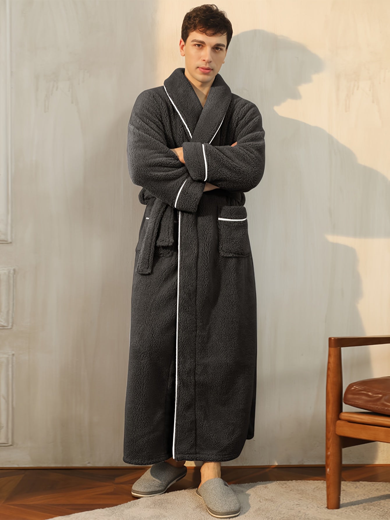 Cozy Fleece Bathrobe for Men - Soft, Thick & Warm Pajama Robe with V-Neck, Perfect for Fall/Winter | Machine Washable