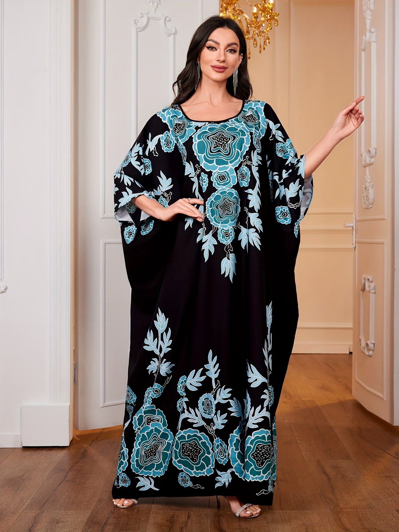 Ramadan Elegant Batwing Sleeve Ruffle Maxi Length Kaftan Dress - Stunning Graphic Print, Crew Neck, Flowy Design, Comfortable Wear, Women's Modest Clothing for Special Occasions