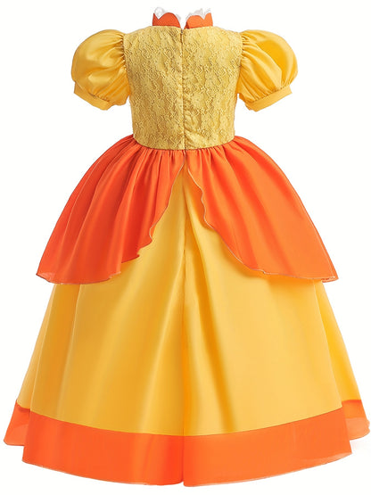 Girls Princess Dress Frill Neck Puff Sleeve Ruffle Skirt Lace Decoration Festival Party Dance Birthday Cosplay Costume Halloween Costume Kids Clothes mardi gras