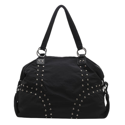 Nylon Tote Bag with Studded Detailing, Casual Large Capacity Shoulder Bag for Work and Everyday Use, Zippered Closure with Fixed Shoulder Straps, Polyester Lined - Baigou, Available in White, Black, Green, Coffee