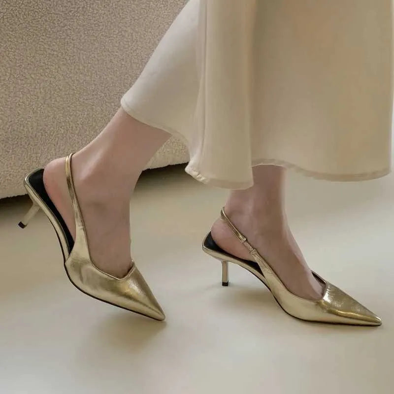 Sandals Elegant Low Heeled Sandals Women Kitten Heels Spring Summer Gold Pumps Pointed Toe Wedding Office Ladies Shoes Slingback LAKESHIL464