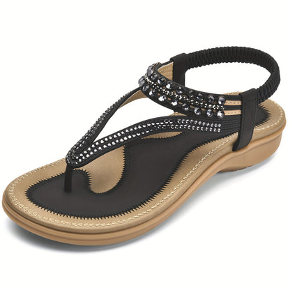 Rhinestone Arch Support Sandals - Comfortable Dressy T-Strap Thong Flat Sandals for Women - Casual Wear, Breathable, Adjustable Strap, Slip-Resistant Outsole, Perfect for Summer Outings and Special Occasions