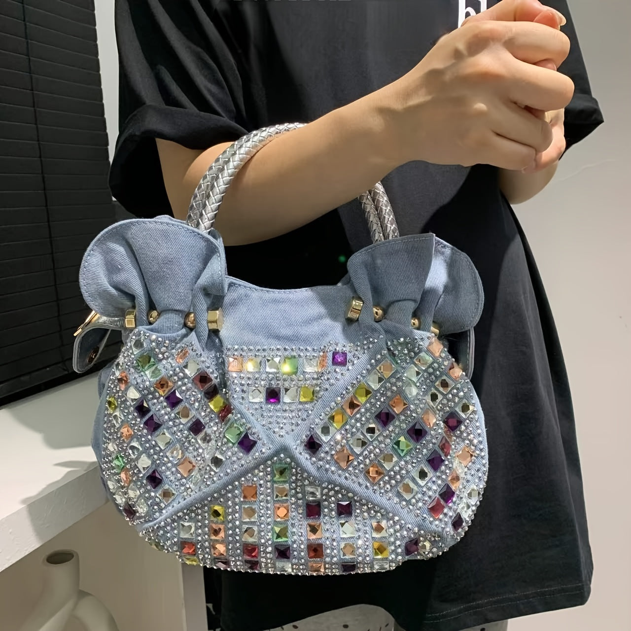 Elegant Mini Denim Crossbody Bag with Colorful Rhinestone Accents, Detachable Strap - Chic Women's Fashion Handbag