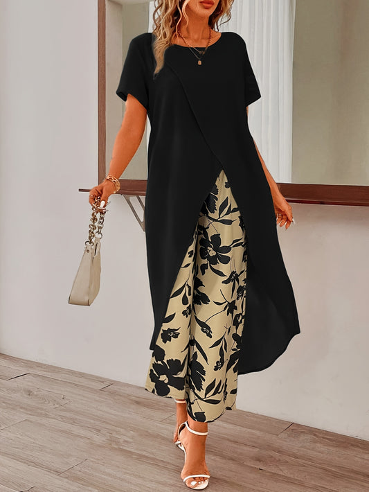 Womens Elegant Pants Set - Stylish Solid Color with Asymmetrical Hem Design, Comfortable Crew Neck Short Sleeve Top, Vibrant Floral Print Pants - Perfect for Spring and Summer Seasons, Complete Outfits for a Stylish Ensemble