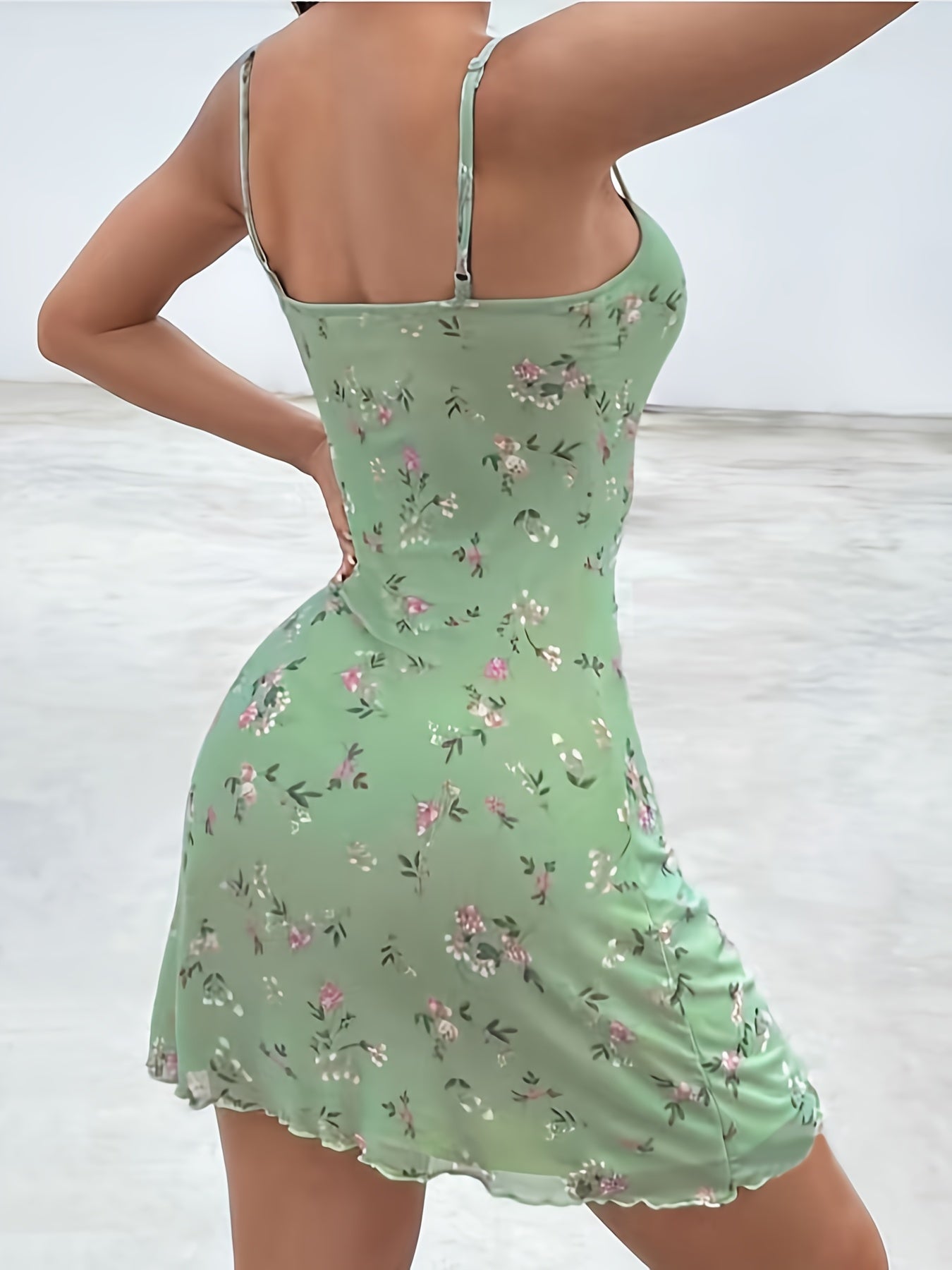 IKEARLAX Romantic Floral Print Adjustable Cami Dress - Alluring Backless, Flirty Frill Detail, Mini Length - Perfect Summer Vacation Wear for Trendy Women