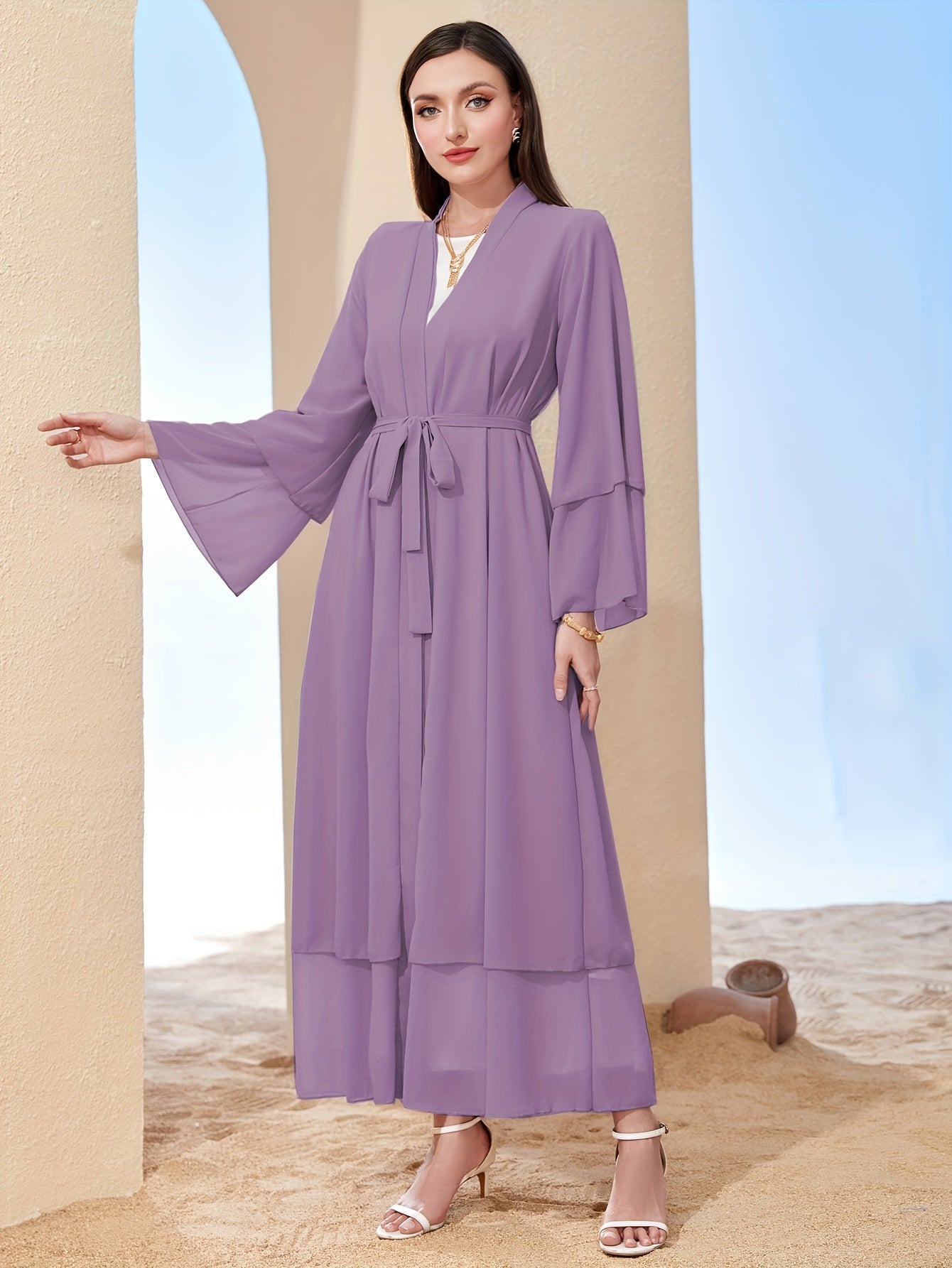 Long Sleeve Elegant Modest Cover Up Dress - Semi-Sheer, Solid Color, Polyester, Loose Fit, Middle East Style, Woven, No Elasticity, Perfect for All Seasons