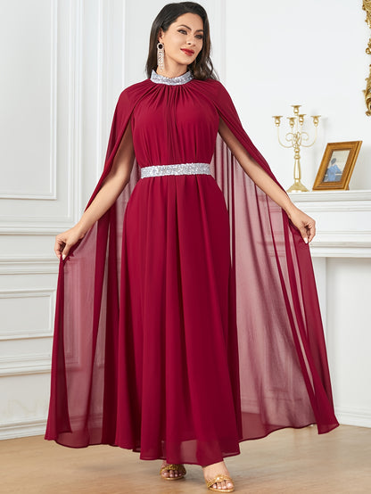 Long Sleeve Crew Neck Maxi Abaya Dress - Elegant Solid Color Block Design, Split Sleeve, Contrast Sequin Details, Non-Stretch Polyester Fabric, Belted, Middle East Style, Ideal for All Seasons