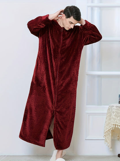 Men's Trendy Pajamas Hooded Warm Cozy Flannel Robe After Bath, Solid Fleece Zip Up Comfy Hoodie Lounge Wear With Hair Dry Hat