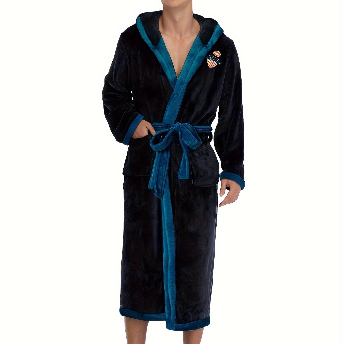 Men's Comfy Color Block Flannel Robe Home Letter Embroidered Hooded Pajamas Wear With Pocket & Hair Dry Hat, One-piece Lace Up Kimono Night-robe Warm Sets After Bath