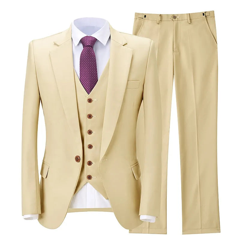 Classy Beige Wedding Tuxedos Suits Slim Fit Bridegroom For Men 3 Pieces Groomsmen Formal Business Outfits Party (Jacket+Vest+Pants)