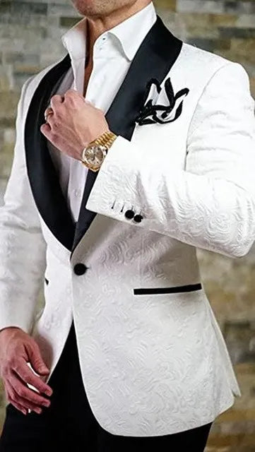 Latest Design One Button White Paisley Shawl Lapel Wedding Groom Tuxedos Men Party Groomsmen Suits (Jacket+Pants+Tie) K32