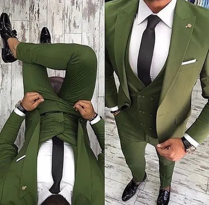 One Button Groomsmen Olive Green Groom Tuxedos Peak Lapel Men Suits Bridegroom Wedding/Prom Best Man ( Jacket+Pants+Tie+Vest ) K976