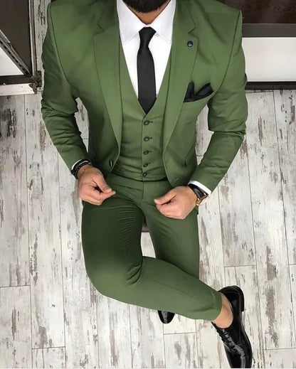 One Button Groomsmen Olive Green Groom Tuxedos Peak Lapel Men Suits Bridegroom Wedding/Prom Best Man ( Jacket+Pants+Tie+Vest ) K976