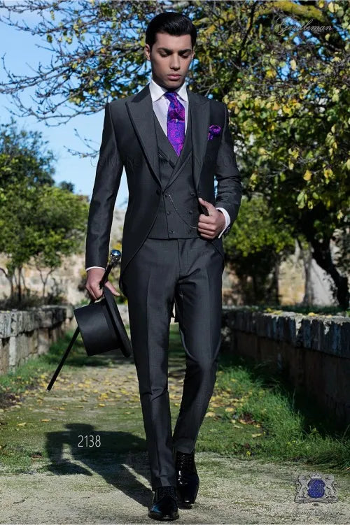 Hot Recommend Dark Grey Tailcoat Groom Tuxedos Morning Style Men Wedding Wear Men Formal Dinner Prom Party Suit(Jacket+Pants+Tie+Vest) 1108