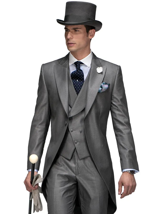 Hot Recommend Dark Grey Tailcoat Groom Tuxedos Morning Style Men Wedding Wear Men Formal Dinner Prom Party Suit(Jacket+Pants+Tie+Vest) 1108