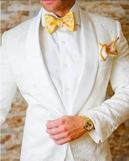 Latest Design One Button White Paisley Shawl Lapel Wedding Groom Tuxedos Men Party Groomsmen Suits (Jacket+Pants+Tie) K32