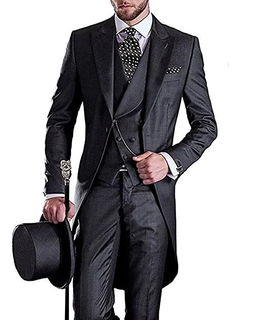 Morning Style Charcoal Grey Tailcoat Groom Tuxedos Handsome Men Wedding Wear High Quality Men Formal Prom Party Suit(Jacket+Pants+Tie+Vest)