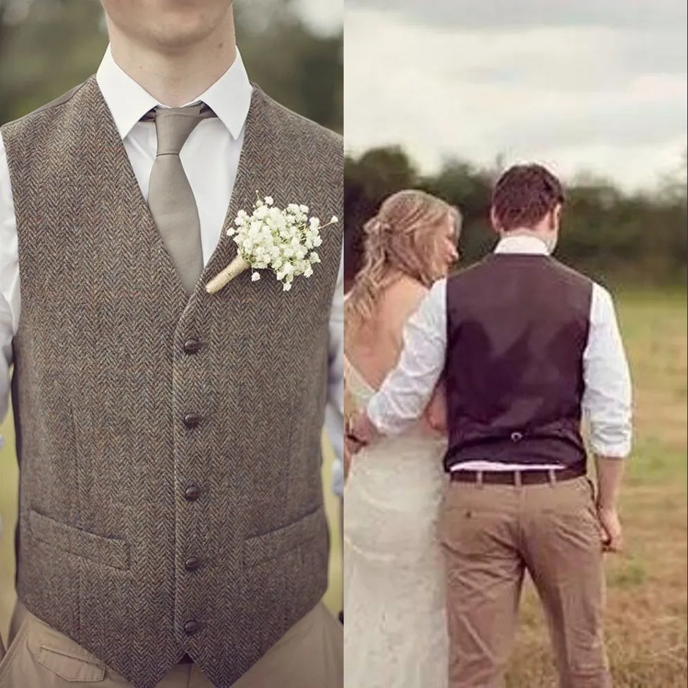 Country Style Wedding Groom Vests Wool Herringbone Tweed Vests Groomsmen Vest Mens Suit Vest Prom Blazers Waistcoat Plus Size