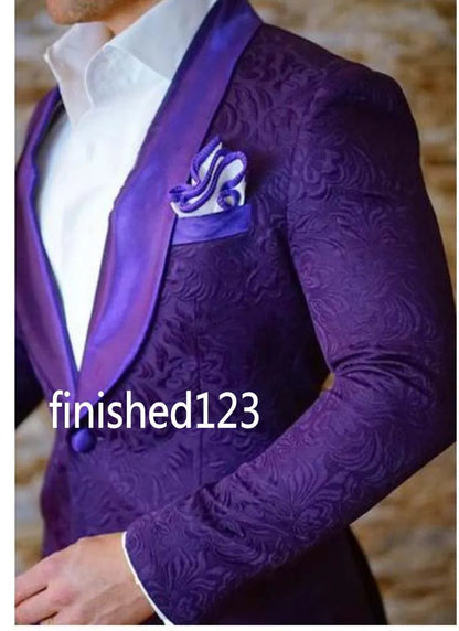 New Fashion Purple Paisley Groom Tuxedos Shawl Lapel Man Prom Blazer Coat Wedding Business Suits (Jacket+Pants+Bow Tie) H:873