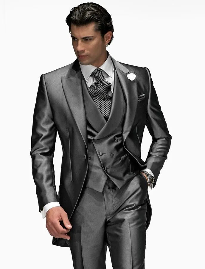 Hot Recommend Dark Grey Tailcoat Groom Tuxedos Morning Style Men Wedding Wear Men Formal Dinner Prom Party Suit(Jacket+Pants+Tie+Vest) 1108