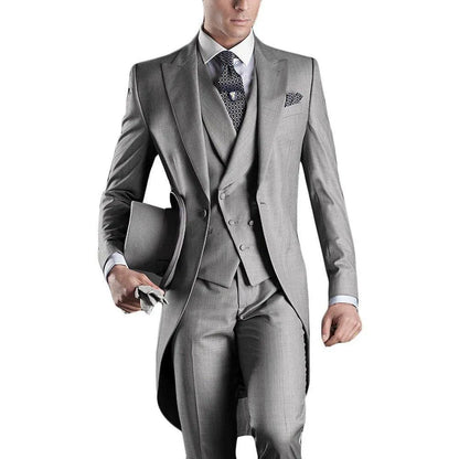 Hot Recommend Dark Grey Tailcoat Groom Tuxedos Morning Style Men Wedding Wear Men Formal Dinner Prom Party Suit(Jacket+Pants+Tie+Vest) 1108