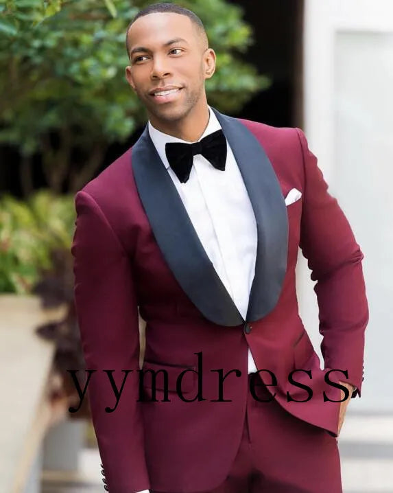 Burgundy Wedding Tuxedos Black Shawl Lapel Men's Business Suit (Jacket + Pants + Bow)Groomsmen Suits Spring  Wedding Suits