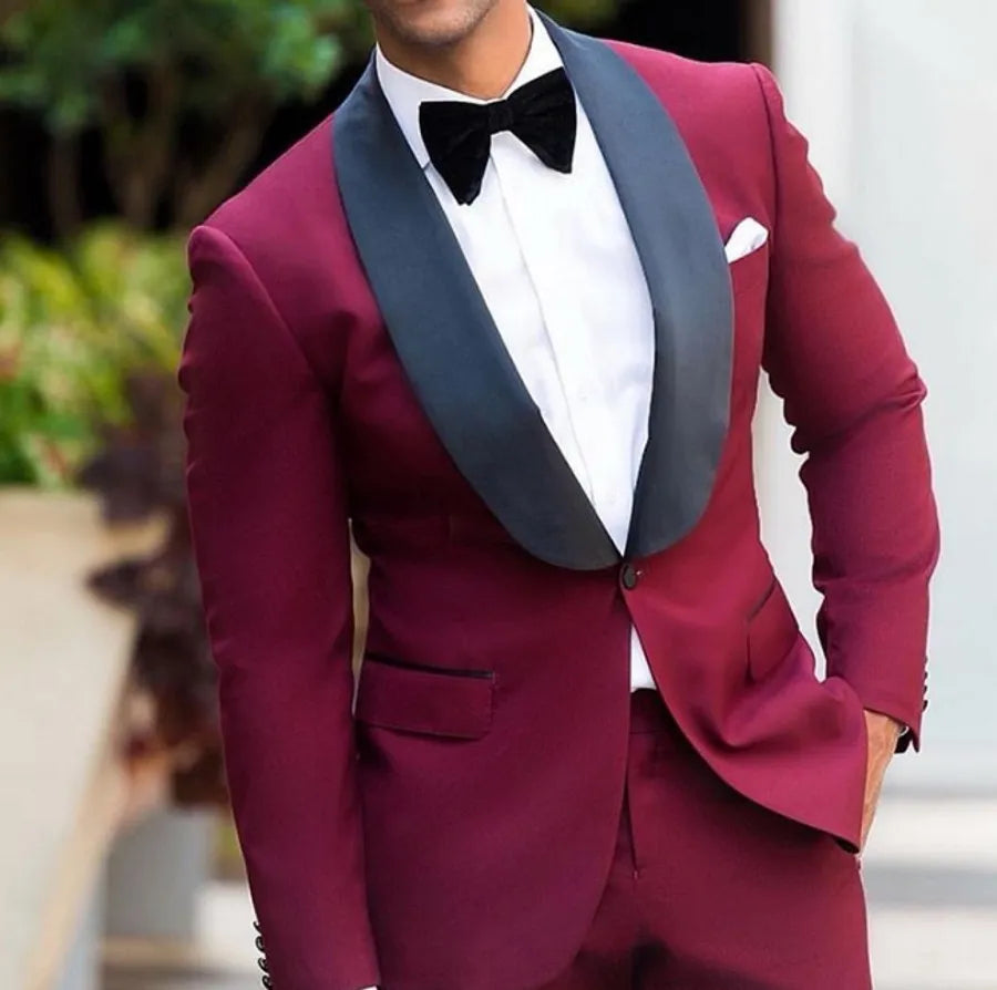 Burgundy Wedding Tuxedos Black Shawl Lapel Men's Business Suit (Jacket + Pants + Bow)Groomsmen Suits Spring  Wedding Suits