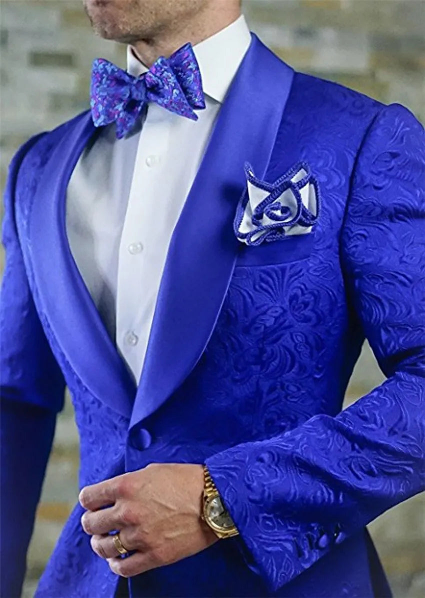 Embossing Mens Wedding Tuxedos Royal Blue Double-Breasted Groomsmen Tuxedos Man Blazers Jacket Excellent 2 Piece Suits Jacket Pants Tie 1620