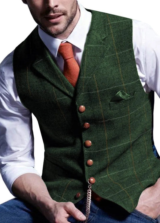 British Style Wool Plaid Groom Vests Attire For Wedding Party Slim Fit Men's Vests Custom Made Plus Size Prom Dinner Groomsmen Wear Suit