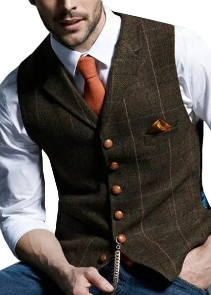 British Style Wool Plaid Groom Vests Attire For Wedding Party Slim Fit Men's Vests Custom Made Plus Size Prom Dinner Groomsmen Wear Suit