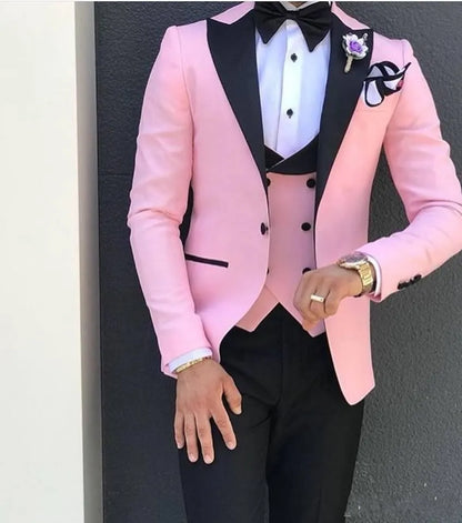 New Fashion Pink Slim Fit Groom Tuxedos Black Peak Lapel Groomsmen Mens Wedding Dress Excellent Man 3 Piece Suit(Jacket+Pants+Vest+Tie) 603