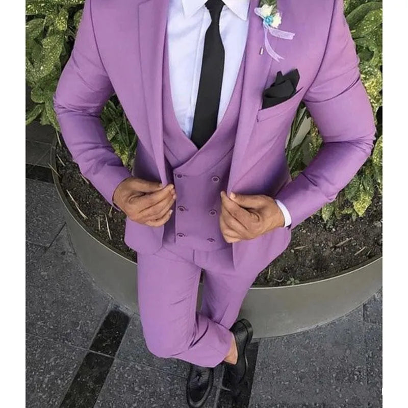 Slim Fit Purple Groom Tuxedos Black Peak Lapel Groomsmen Mens Wedding Dress Style Man Jacket Blazer 3 Piece Suit(Jacket+Pants+Vest+Tie) 855