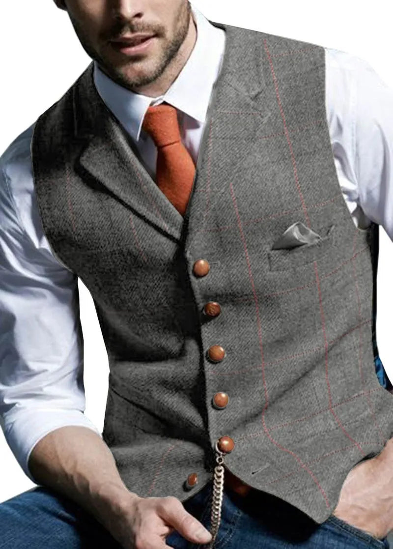 British Style Wool Plaid Groom Vests Attire For Wedding Party Slim Fit Men's Vests Custom Made Plus Size Prom Dinner Groomsmen Wear Suit