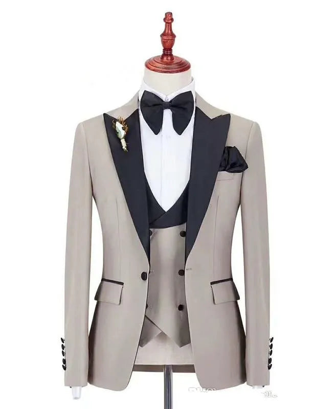 New Fashion Pink Slim Fit Groom Tuxedos Black Peak Lapel Groomsmen Mens Wedding Dress Excellent Man 3 Piece Suit(Jacket+Pants+Vest+Tie) 603