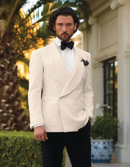 Ivory Groom Tuxedos Excellent Double-Breasted Groomsmen Wedding Tuxedos Men Formal Dinner Party Prom Blazer Suit(Jacket+Pants+Tie) 1103