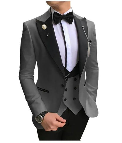 Slim Fit Purple Groom Tuxedos Black Peak Lapel Groomsmen Mens Wedding Dress Style Man Jacket Blazer 3 Piece Suit(Jacket+Pants+Vest+Tie) 855