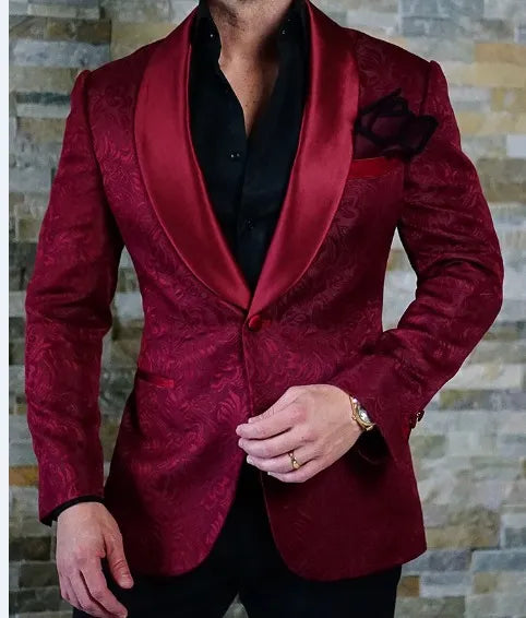 New Arrival One Button Burgundy Paisley Shawl Lapel Wedding Groom Tuxedos Men Party Groomsmen Suits (Jacket+Pants+Tie) K31